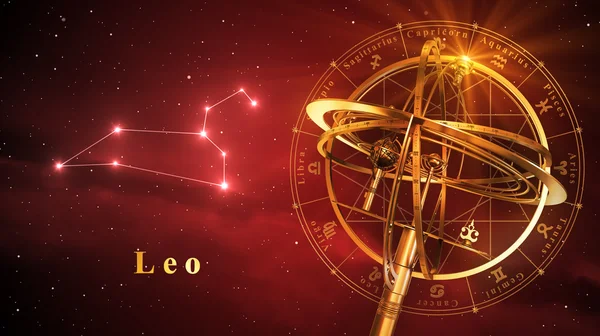 Esfera armilar e constelação Leo sobre fundo vermelho — Fotografia de Stock