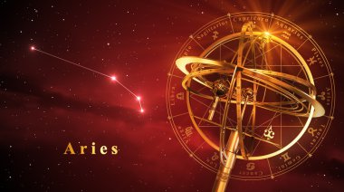 Armillary Küre ve Constellation Koç kırmızı bir arka plan üzerinde