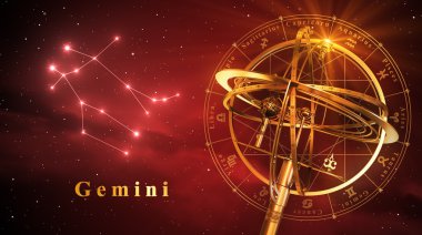 Armillary Küre ve kırmızı bir arka plan üzerinde Gemini takımyıldızı