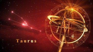Armillary Küre ve takımyıldızı Toros kırmızı bir arka plan üzerinde