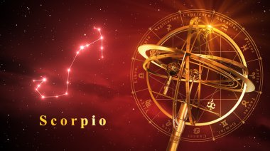 Armillary Küre ve kırmızı bir arka plan üzerinde Akrep takımyıldızı