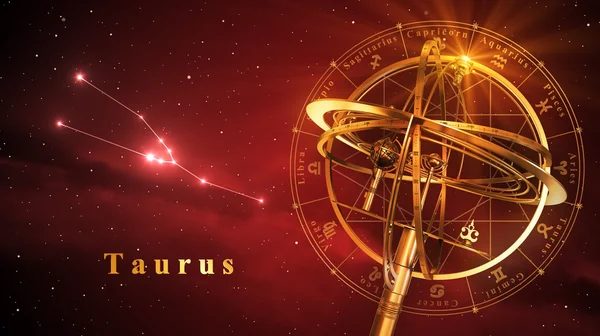 Armilláris gömb és csillagkép Taurus felett piros háttér — Stock Fotó