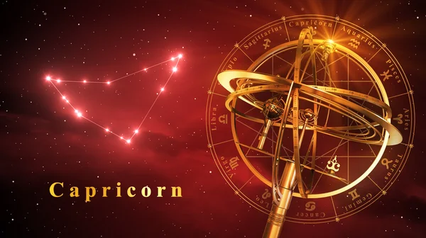 Armillary Sphere And Constellation Capricorn Over Red Background — Stock Photo, Image