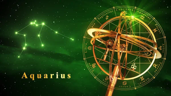 Armillary Sphere and Constellation Aquarius Over Green Background — стоковое фото