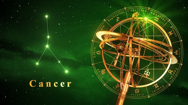 Esfera armilar e câncer de constelação sobre fundo verde — Fotografia de Stock