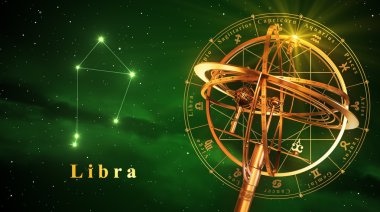 Armillary Küre ve takımyıldızı Terazi yeşil arka plan üzerinde
