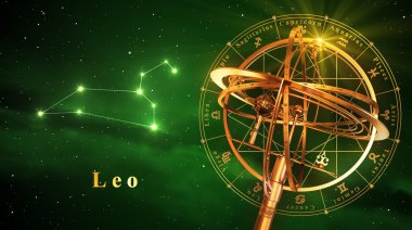 Armillary Küre ve Constellation Leo yeşil arka plan üzerinde