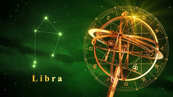 Esfera armilar y constelación Libra sobre fondo verde —  Fotos de Stock