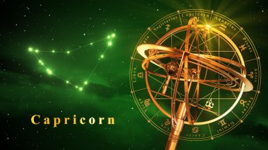 Armillary Küre ve takımyıldızı Capricarn yeşil arka plan üzerinde