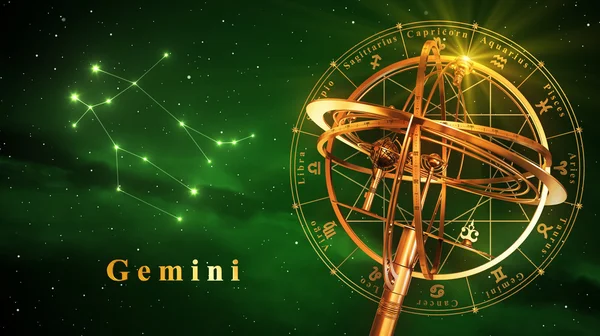 Sfera armilarna i Gemini Constellation nad zielonym tle — Zdjęcie stockowe