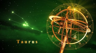 Armillary Küre ve takımyıldızı Toros yeşil arka plan üzerinde