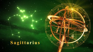 Armillary Küre ve Constellation Yay yeşil arka plan üzerinde