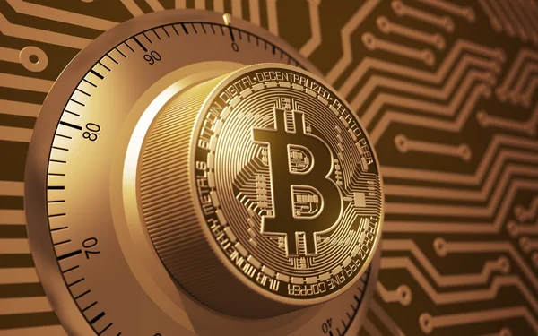 Begreppet guld Bitcoin Like A elektroniska säkerhetslås — Stockfoto