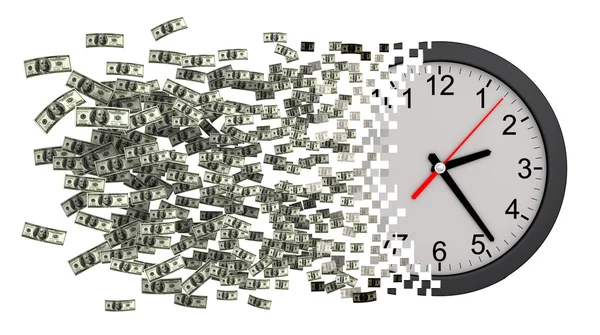 Czas to pieniądz. Zegar rozpada się dolarów — Zdjęcie stockowe