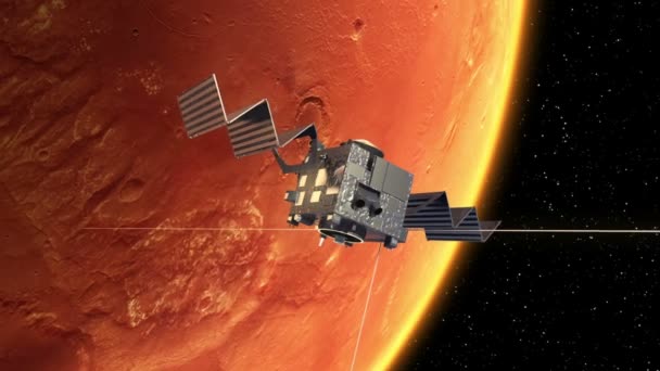 Stazione Spaziale Interplanetaria distribuisce pannelli solari in orbita di Marte . — Video Stock