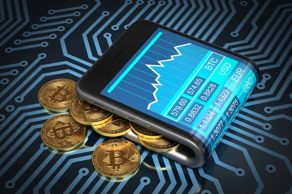 Concetto di portafoglio digitale e Bitcoin d'oro sul circuito stampato — Foto Stock