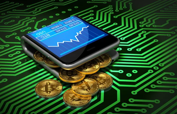 プリント基板のデジタル財布とグリーンに Bitcoins の概念 — ストック写真