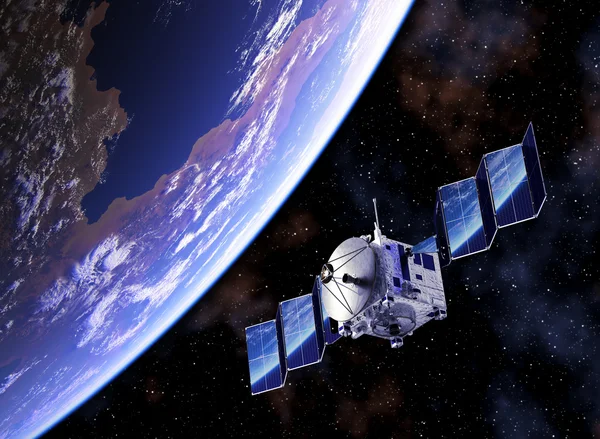 Güneş panelleri ve içlerinde yansıyan Planet Earth uydu dağıtır