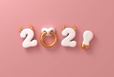 Boğa boynuzu, toynak ve pembe arka planda yüzükle 2021. Çin Yeni Yılı Öküz Konsepti.