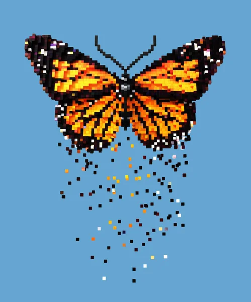 Arte pixel 3D mariposa naranja sobre fondo azul —  Fotos de Stock