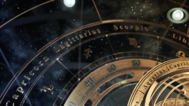 Sfera Armillary, znaki zodiaku astrologicznego i planety obracające się wokół nich. — Wideo stockowe