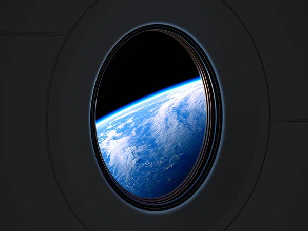 Fantastisk utsikt över planeten jorden från Porthole av en privat rymdfarkost Royaltyfria Stockfoton