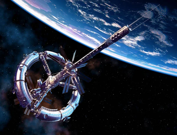 新的大型空间站围绕蓝色行星地球运行 图库图片