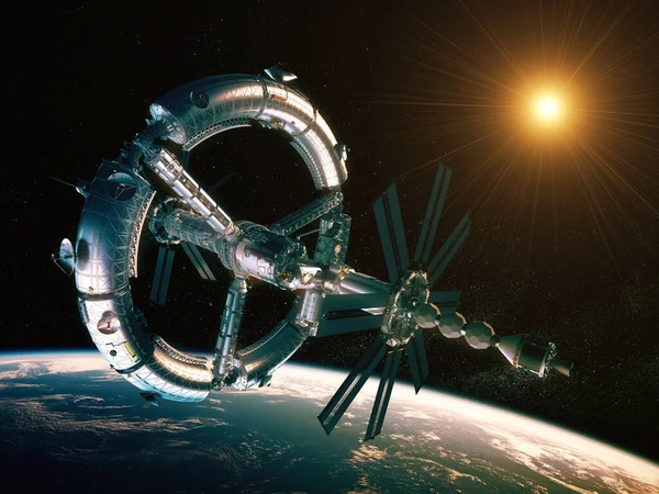 Nueva Estación Espacial Futurista Orbitando el Planeta Tierra Imagen de archivo