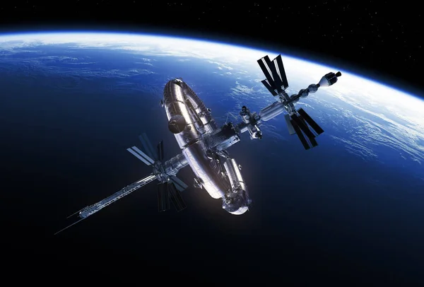 Большая космическая станция на орбите голубой планеты Земля Лицензионные Стоковые Фото