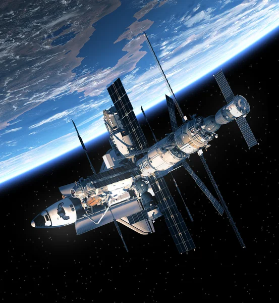 Vesmírný raketoplán a vesmírná stanice obíhající kolem Země — Stock fotografie