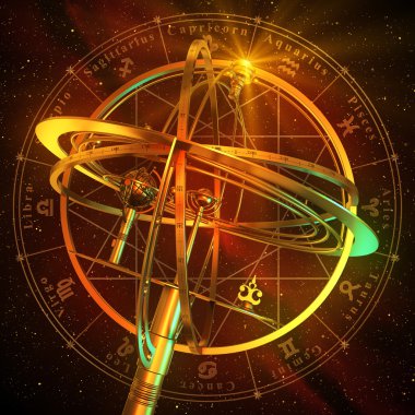 Armillary küre kırmızı bir arka plan üzerinde Zodiac sembollerle