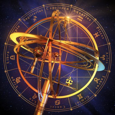 Armillary küre mavi arka plan üzerinde Zodiac sembollerle.