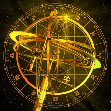 Armillary küre siyah arka plan üzerinde Zodiac sembollerle.