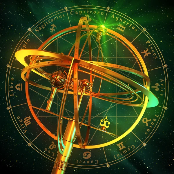 Armillary Sphere With Zodiac Symbols Over Green Background. — Stock Photo, Image