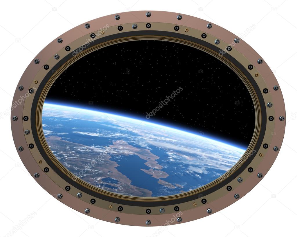 Futuristic Space Station Porthole. View From Space..