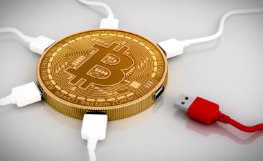 Kırmızı ve beyaz Usb kabloları için Bitcoin bağlı