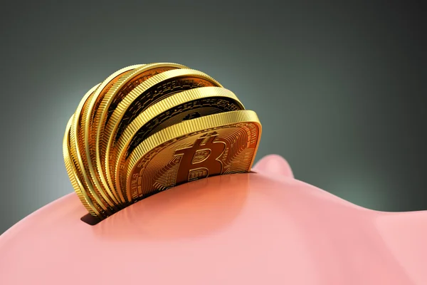 Wprowadzanie wielu Bitcoins do Piggy Bank — Zdjęcie stockowe