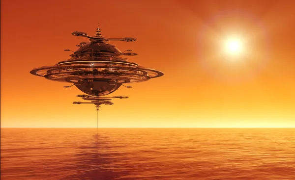 Futuristic Sky Station zboară peste ocean — Fotografie, imagine de stoc