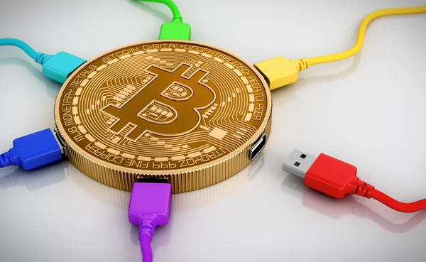 Колір Usb проводи підключено до Bitcoin — стокове фото