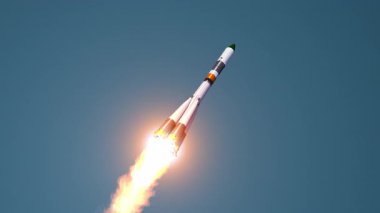 Fırlatma sırasında kargo aracının ilk dört aşamasının ayrılması. Üç boyutlu animasyon. 4K.