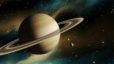 Satürn Gezegeni, uzayda Halkalar ve Aylar. 3D animasyon. 4k.