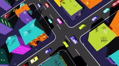 Çizgi film 3D Gece Trafiği Döngü Animasyonu. 4k.