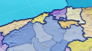 Cantabria bölgesine yakınlaşan İspanya haritasının 3 boyutlu animasyonu. 4k.