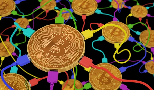 Bitcoins verbonden met het neurale netwerk op zwarte achtergrond — Stockfoto