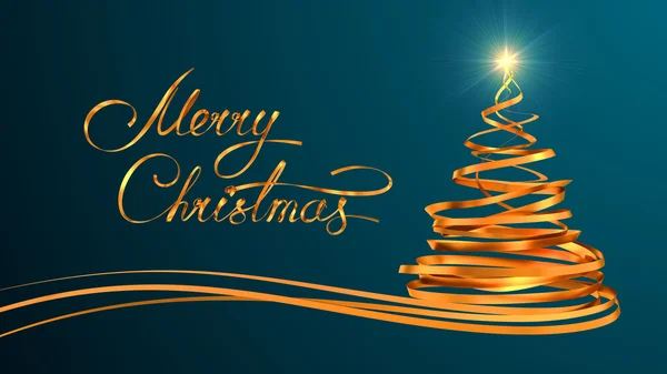 Diseño de texto de oro de Feliz Navidad y árbol de Navidad de cintas de oro sobre fondo cian — Foto de Stock