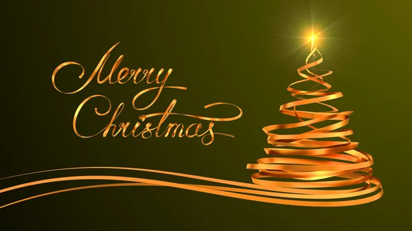 Neşeli Noel ve yılbaşı ağacı yeşil arka plan üzerinde altın şeritler gelen altın metin tasarım — Stok fotoğraf