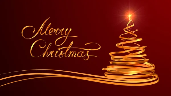 Diseño de texto de oro de Feliz Navidad y árbol de Navidad de cintas de oro sobre fondo rojo — Foto de Stock