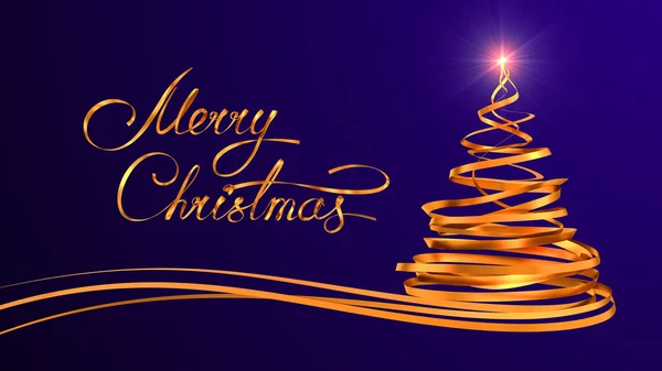 Diseño de texto de oro de Feliz Navidad y árbol de Navidad de cintas de oro sobre fondo púrpura — Foto de Stock
