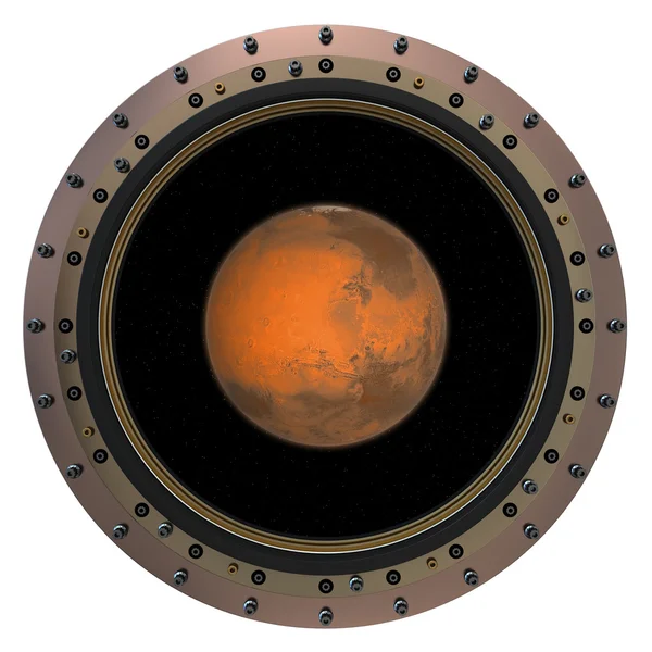在航天器舷窗的红色星球 — 图库照片