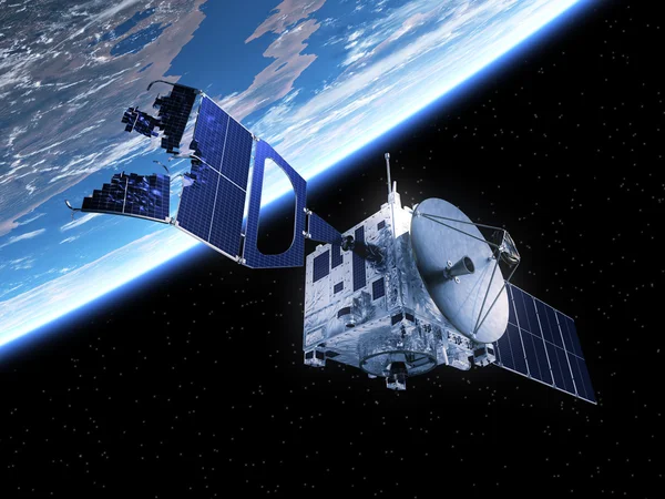 Verpletterde satelliet In de ruimte. 3D-scène. — Stockfoto